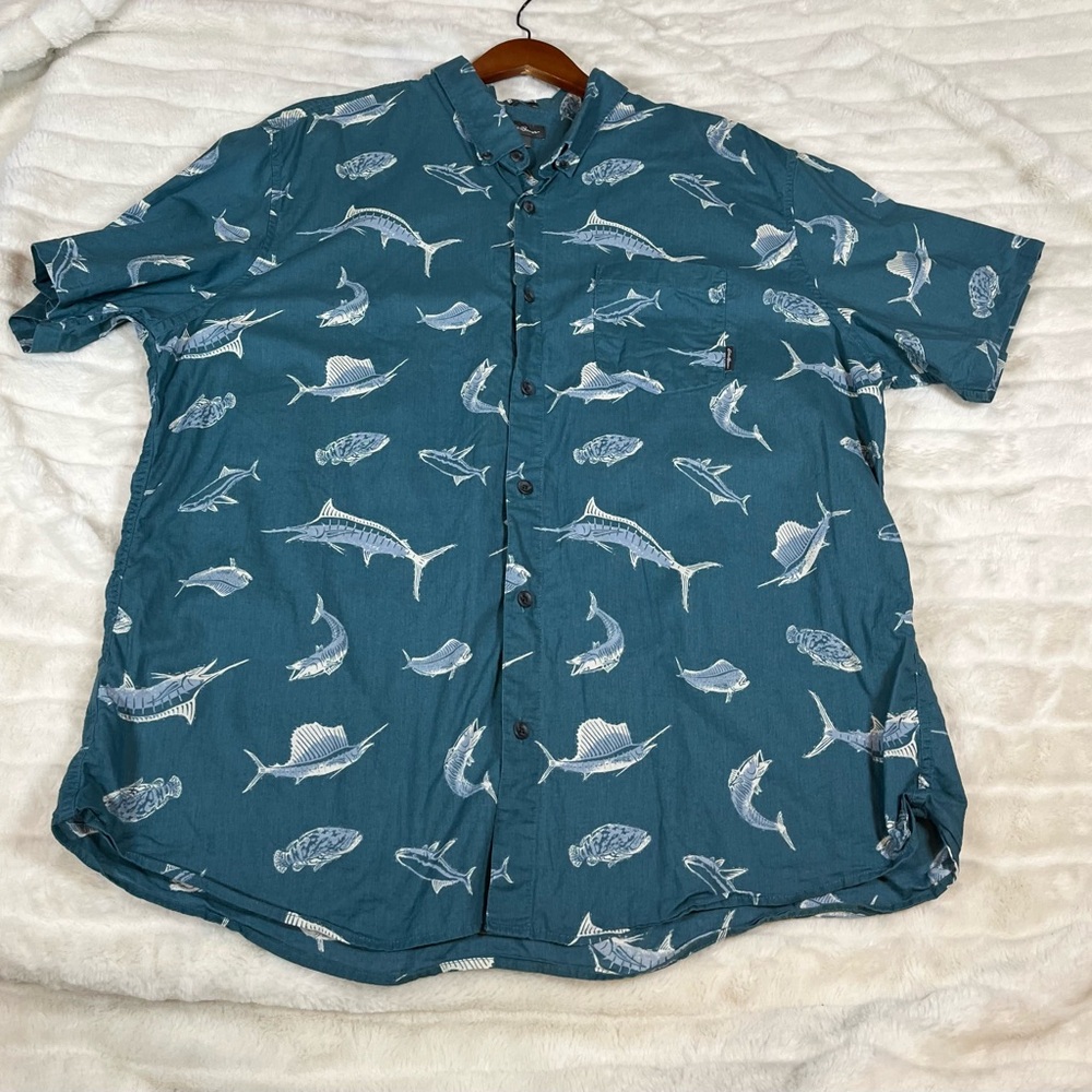 Eddie Bauer Classic Fit Mens XXL Teal Button Coastal Fish Tuna Swordfish Shirt